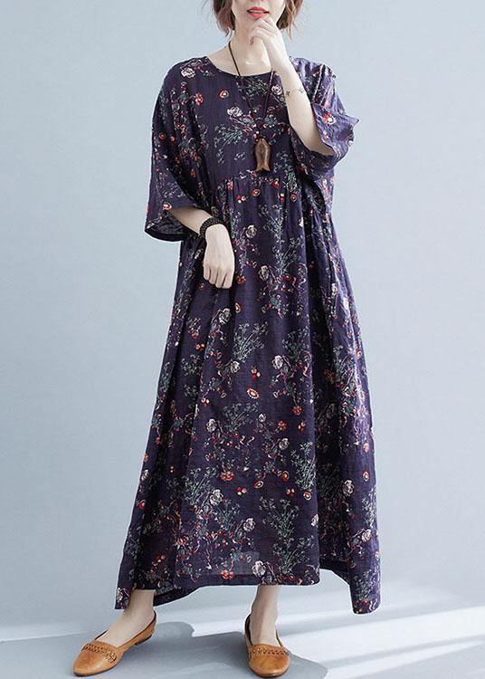 French Navy Print Pockets Loose Summer Half Sleeve Long Dress - Image 2