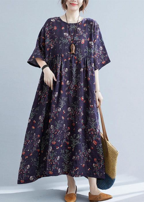 French Navy Print Pockets Loose Summer Half Sleeve Long Dress - Image 3