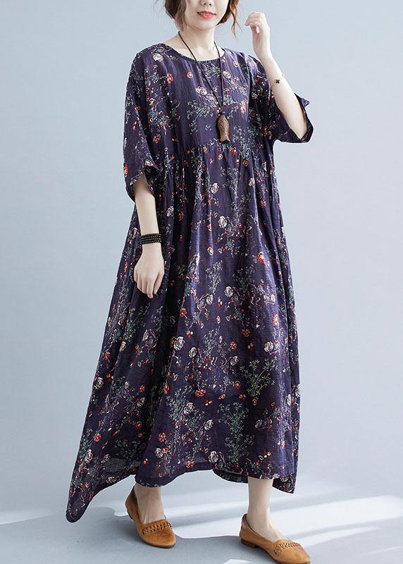 French Navy Print Pockets Loose Summer Half Sleeve Long Dress - Image 4