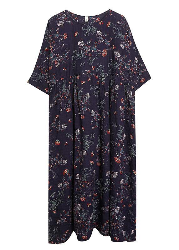 French Navy Print Pockets Loose Summer Half Sleeve Long Dress - Image 5