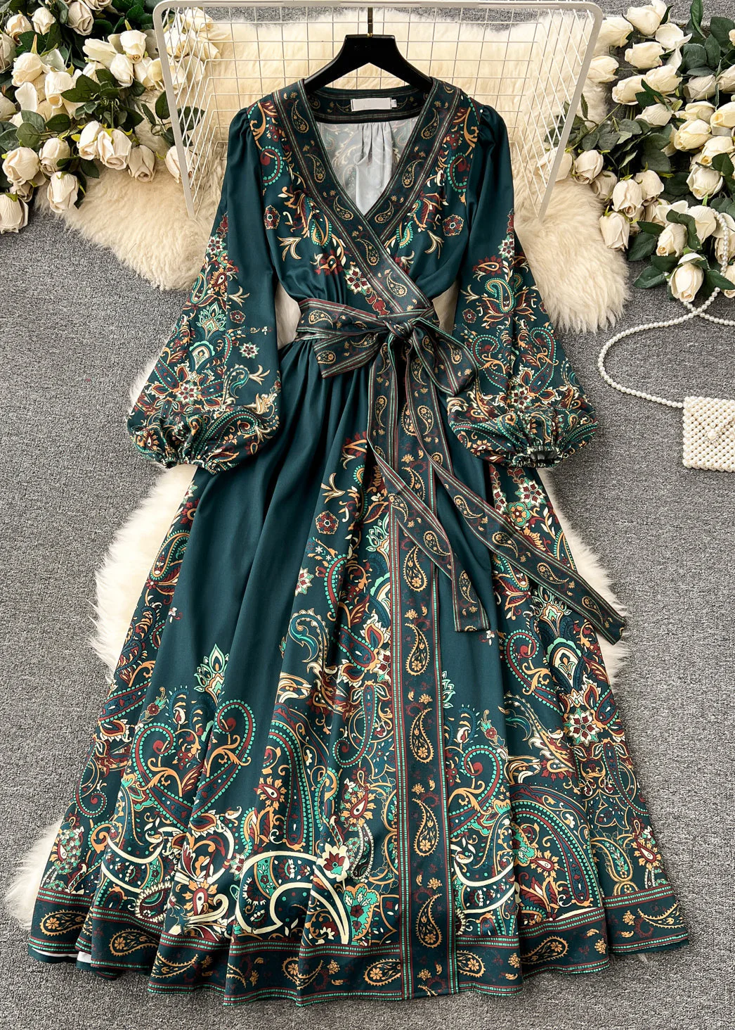 French Navy Print Tie Waist Cotton Long Dress Fall - Image 2