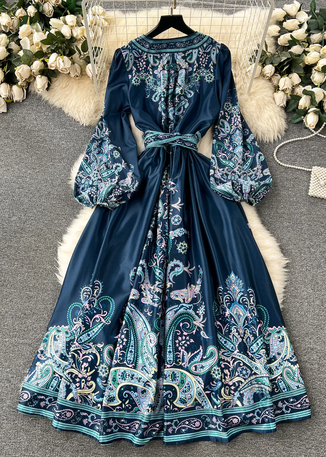 French Navy Print Tie Waist Cotton Long Dress Fall - Image 3
