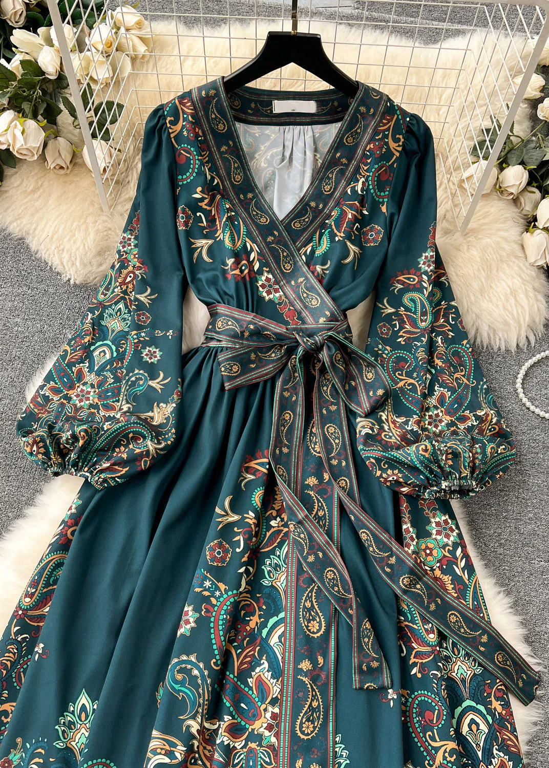 French Navy Print Tie Waist Cotton Long Dress Fall - Image 4