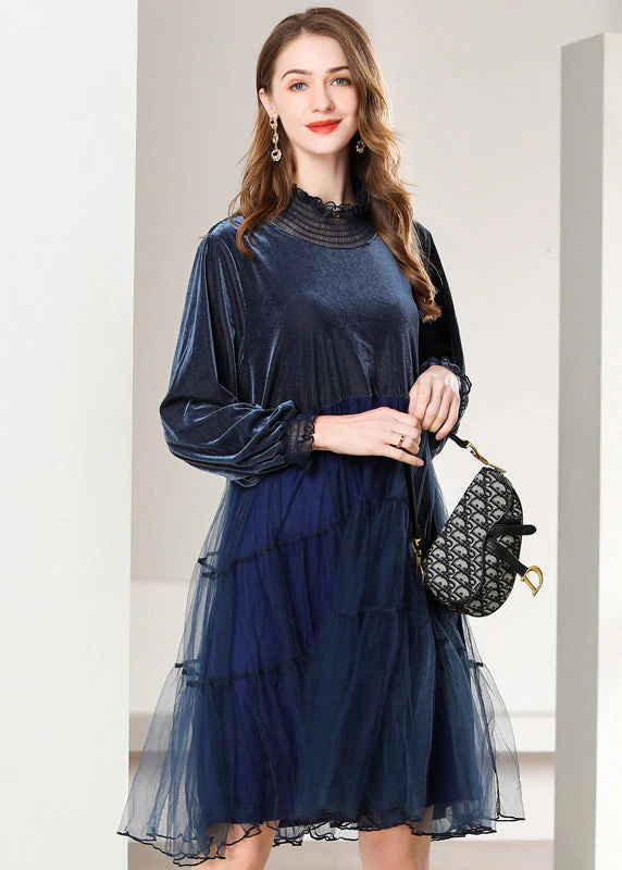 French Navy Ruffled Patchwork Tulle Silk Velour Mid Dress Spring - Image 2