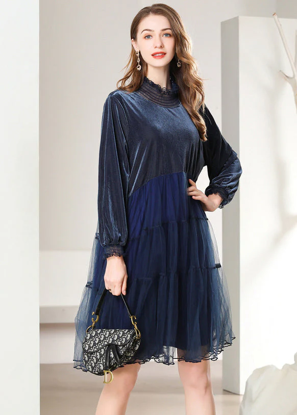 French Navy Ruffled Patchwork Tulle Silk Velour Mid Dress Spring - Image 3