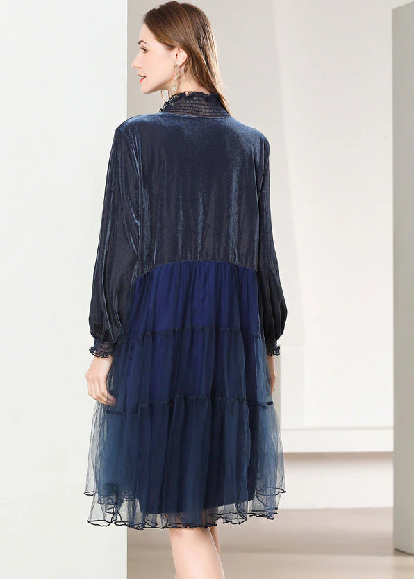 French Navy Ruffled Patchwork Tulle Silk Velour Mid Dress Spring - Image 4