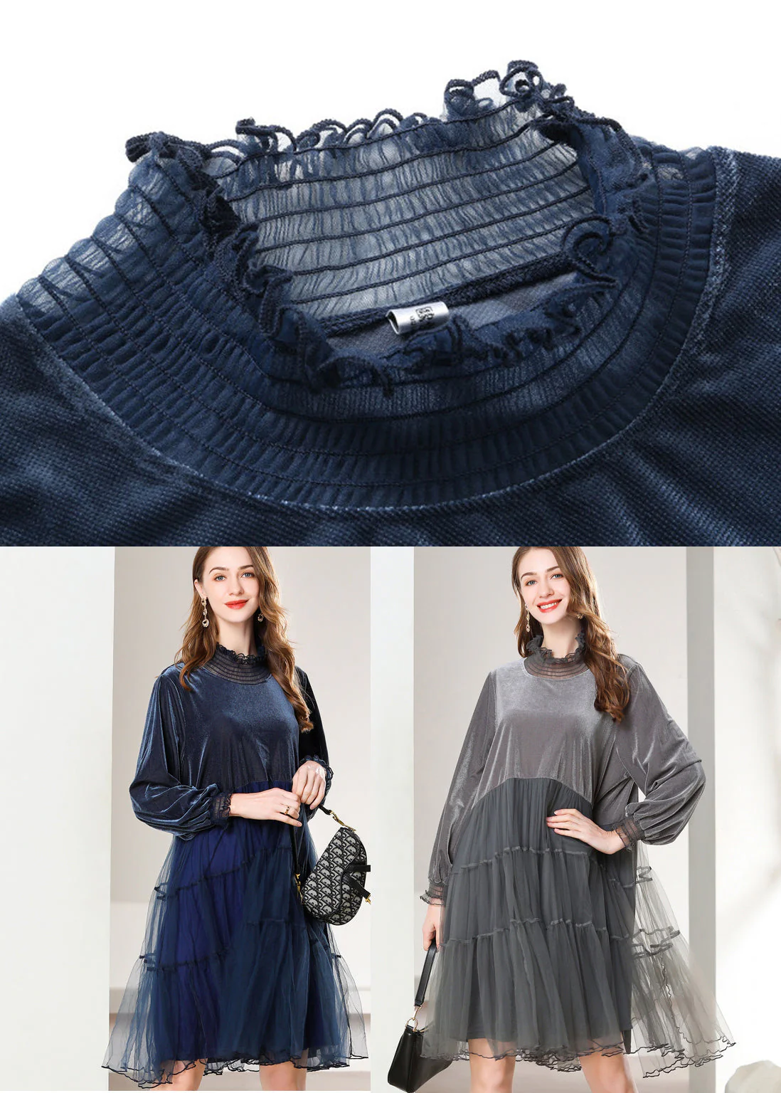 French Navy Ruffled Patchwork Tulle Silk Velour Mid Dress Spring - Image 5