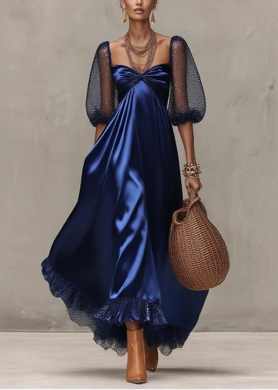 French Navy Square Collar Tulle Patchwork Draping Party Dresses Lantern Sleeve - Image 3