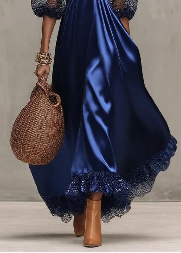 French Navy Square Collar Tulle Patchwork Draping Party Dresses Lantern Sleeve - Image 4