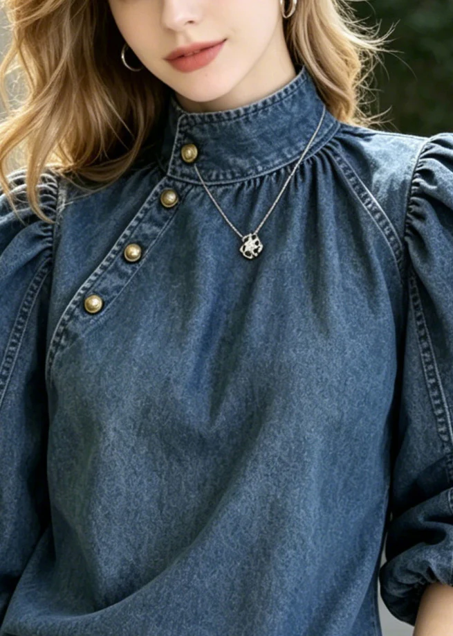 French Navy Stand Collar Golden Button Denim Shirts Puff Sleeve - Image 2