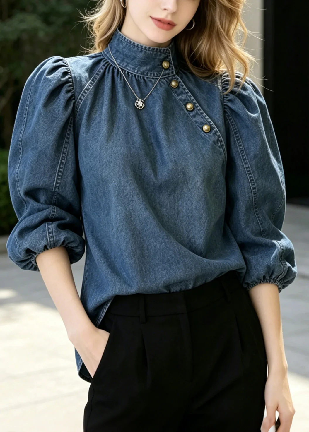 French Navy Stand Collar Golden Button Denim Shirts Puff Sleeve - Image 3