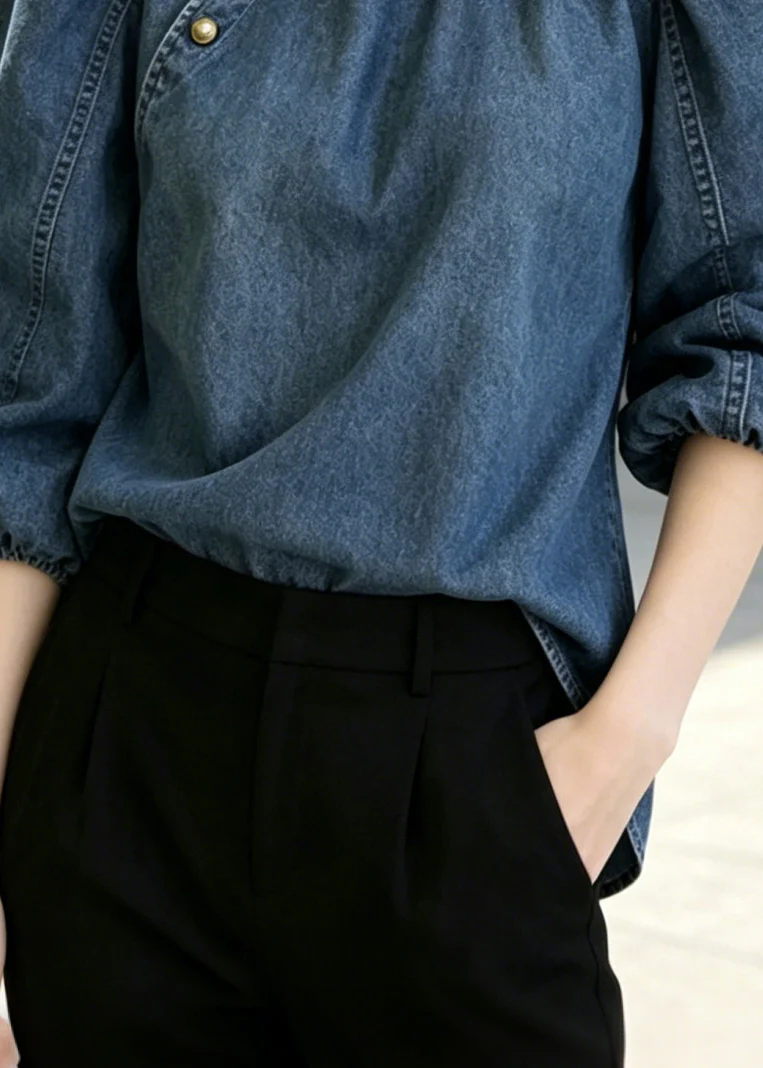 French Navy Stand Collar Golden Button Denim Shirts Puff Sleeve - Image 4