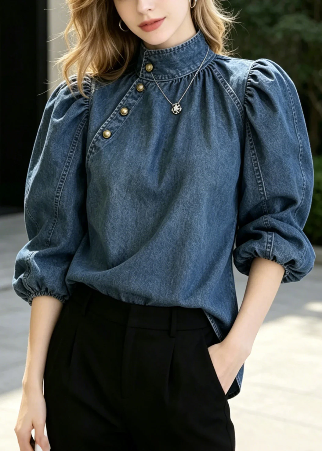 French Navy Stand Collar Golden Button Denim Shirts Puff Sleeve - Image 5