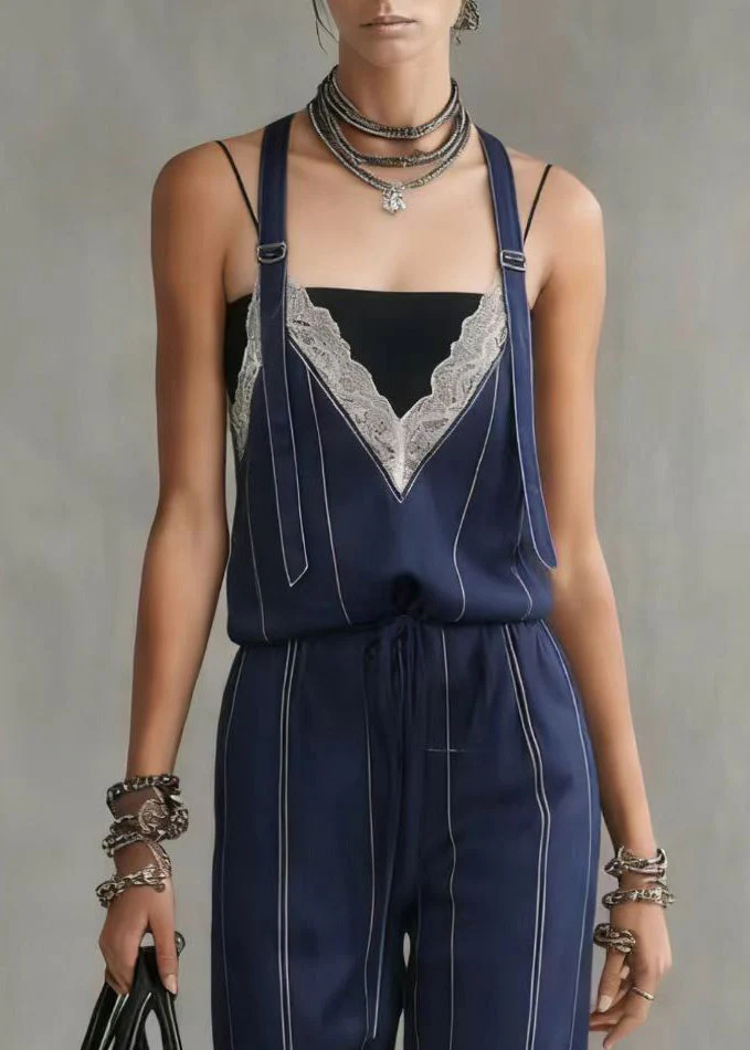 French Navy Striped Lace Patchwork Spandex Jumpsuits Summer - Image 4