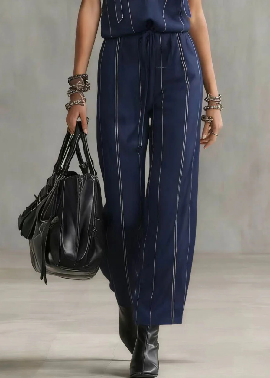 French Navy Striped Lace Patchwork Spandex Jumpsuits Summer - Image 5