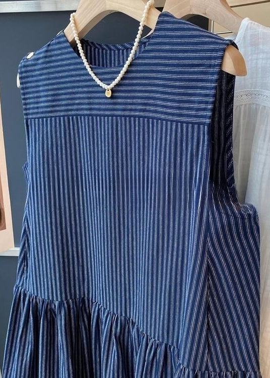 French Navy Striped Wrinkled Cotton Mid Dress Sleeveless - Image 3