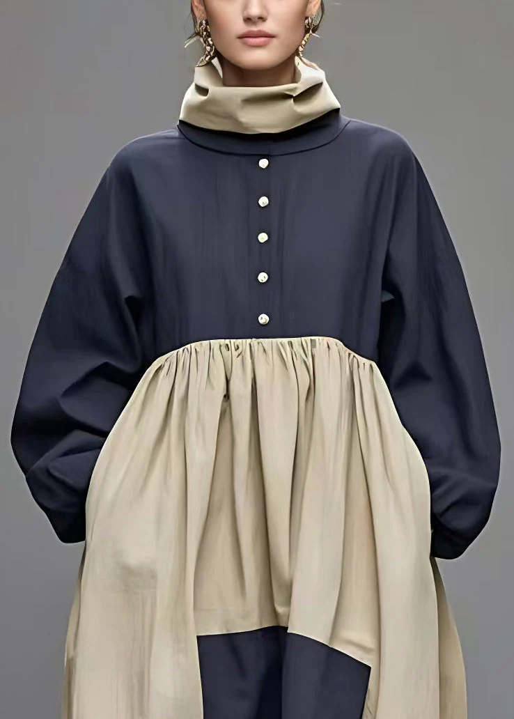 French Navy Turtleneck Pockets Patchwork Cotton Dress Long Sleeve - Image 3