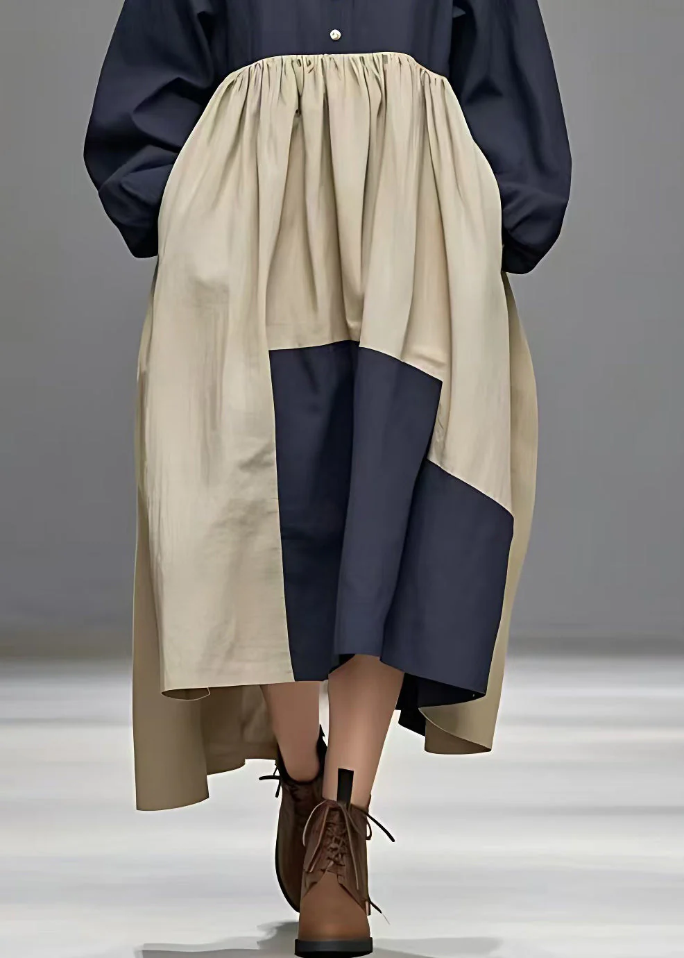 French Navy Turtleneck Pockets Patchwork Cotton Dress Long Sleeve - Image 5