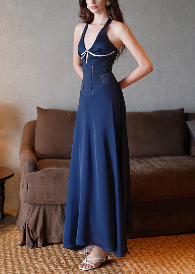 French Navy V Neck Bow Hollow Out Cotton Long Dress Sleeveless - Image 3