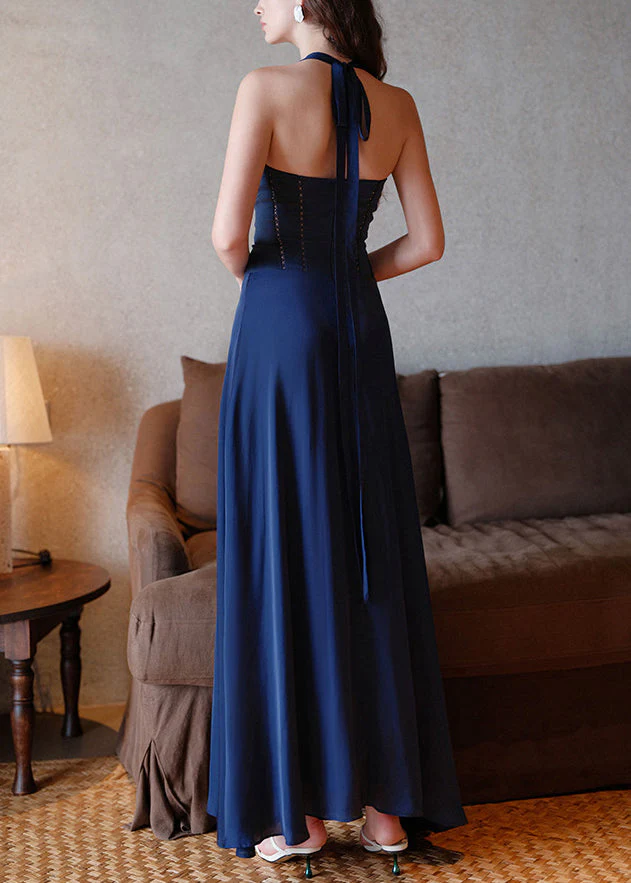 French Navy V Neck Bow Hollow Out Cotton Long Dress Sleeveless - Image 4