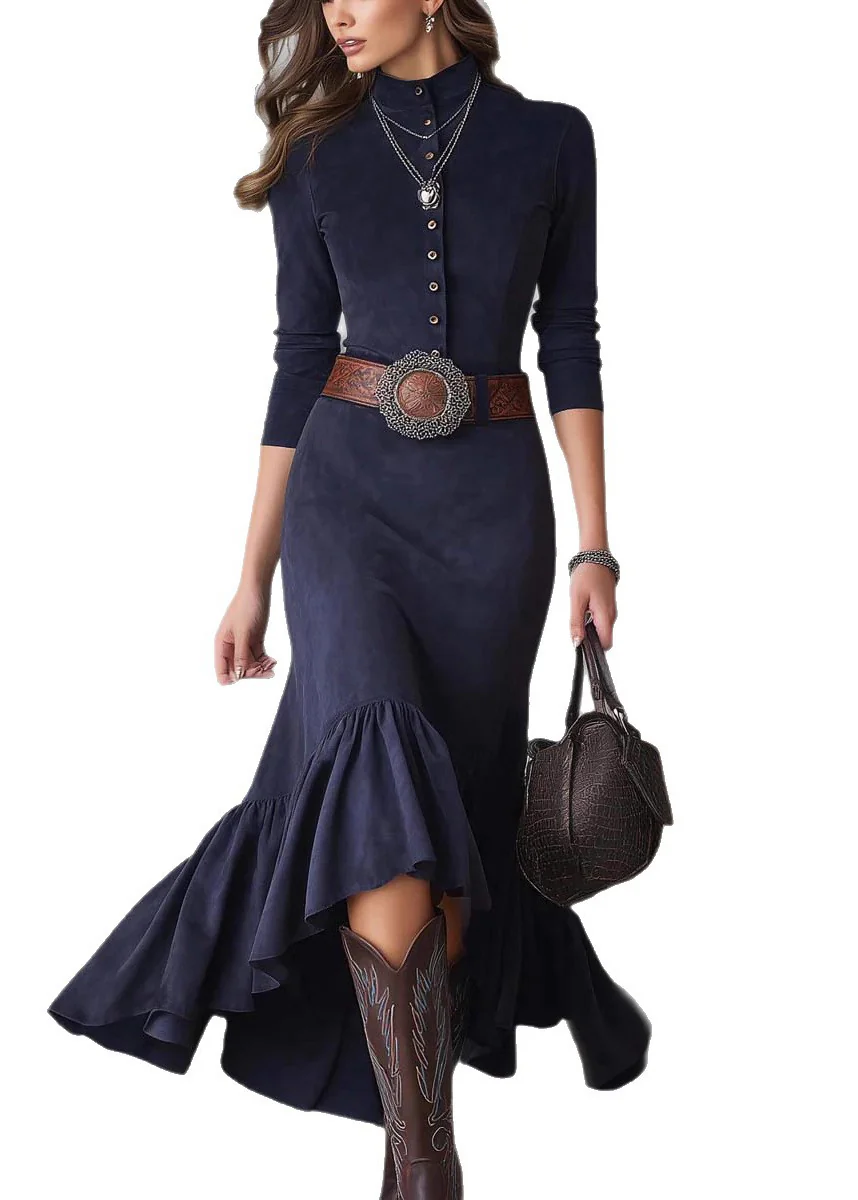 French Navy Wrinkled Button Solid Faux Suede Long Dress Spring - Image 5