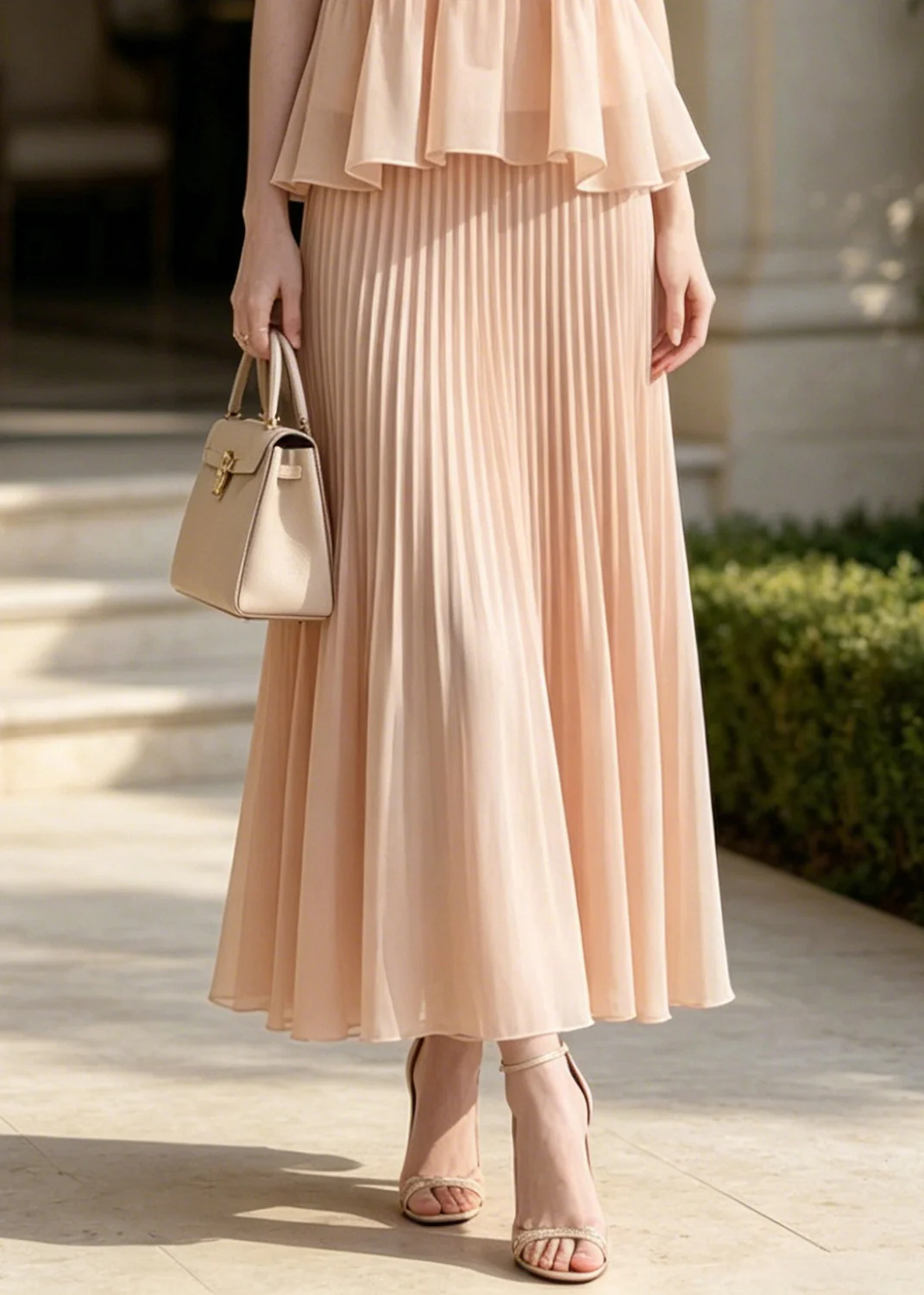 French Nude Ruffled Wrinkled Chiffon Two Pieces Set Sleeveless - Image 4