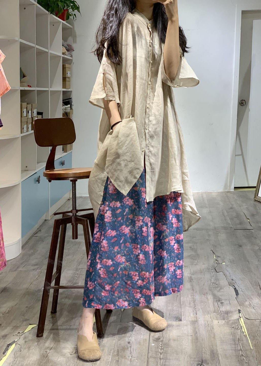 French nude stand collar linen clothes For Women low high design shirt Dress - Image 2