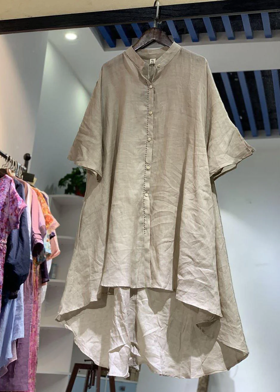 French nude stand collar linen clothes For Women low high design shirt Dress - Image 3