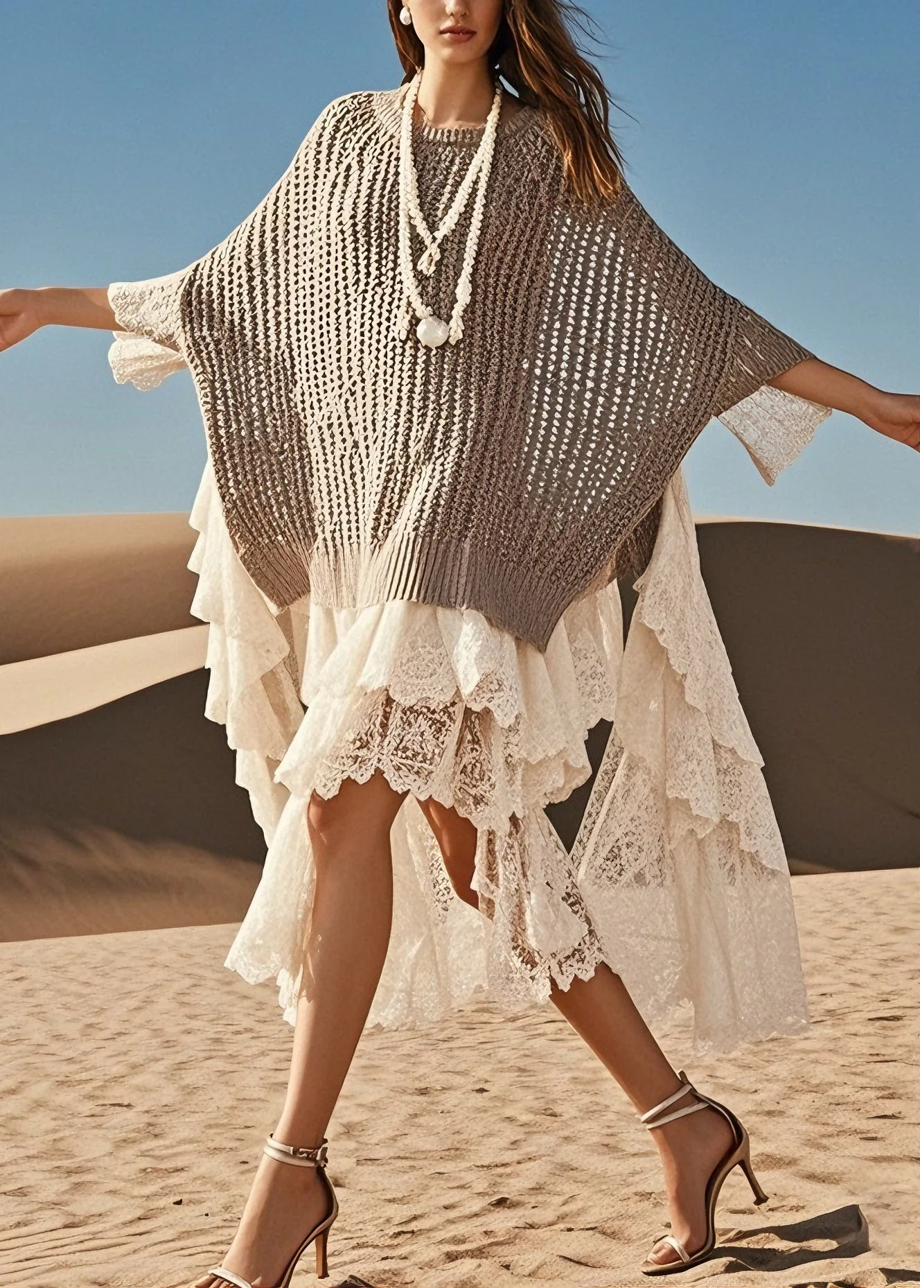 French O Neck Hollow Out Lace Patchwork Knit Sweater Dress Summer - Image 5