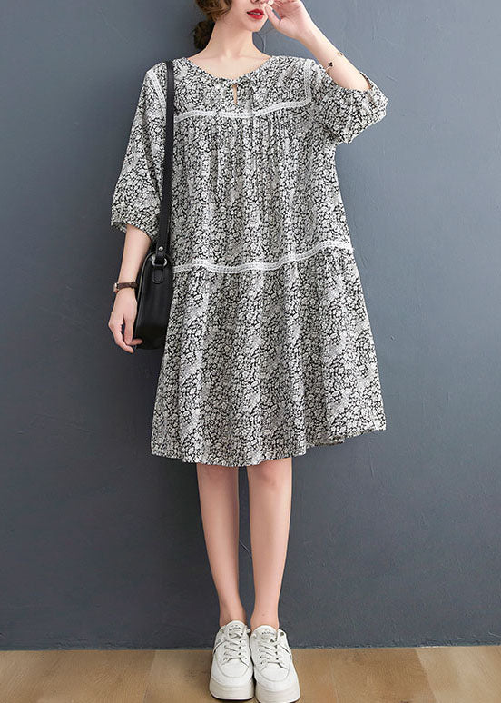 French O-Neck Lace Patchwork Print Cotton Mid Dress Three Quarter Sleeve - Image 2