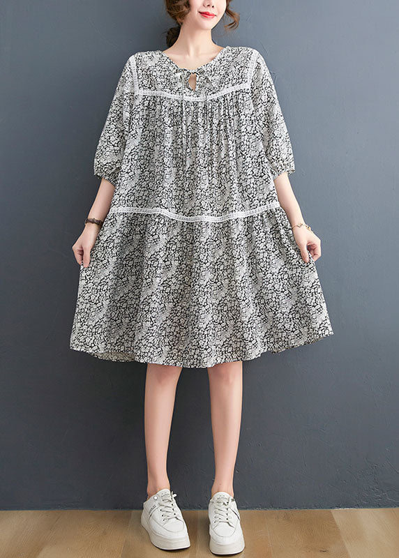 French O-Neck Lace Patchwork Print Cotton Mid Dress Three Quarter Sleeve - Image 3