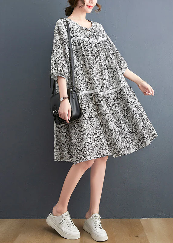 French O-Neck Lace Patchwork Print Cotton Mid Dress Three Quarter Sleeve - Image 4