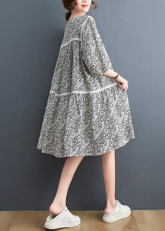French O-Neck Lace Patchwork Print Cotton Mid Dress Three Quarter Sleeve - Image 5