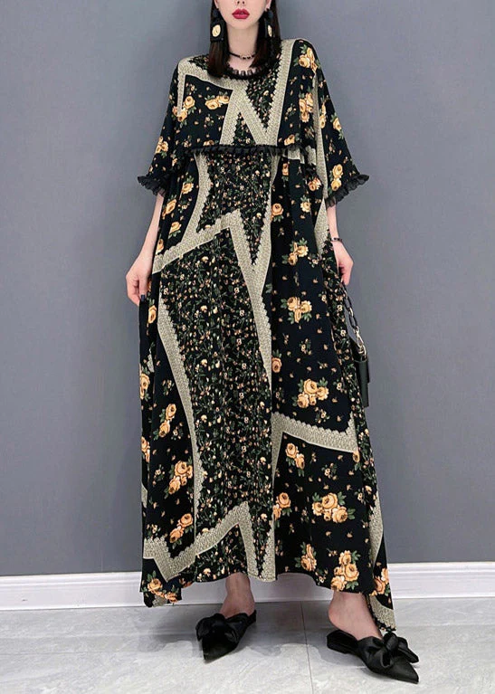 French O-Neck Print Ruffled Patchwork Beach Long Dresses Half Sleeve - Image 2