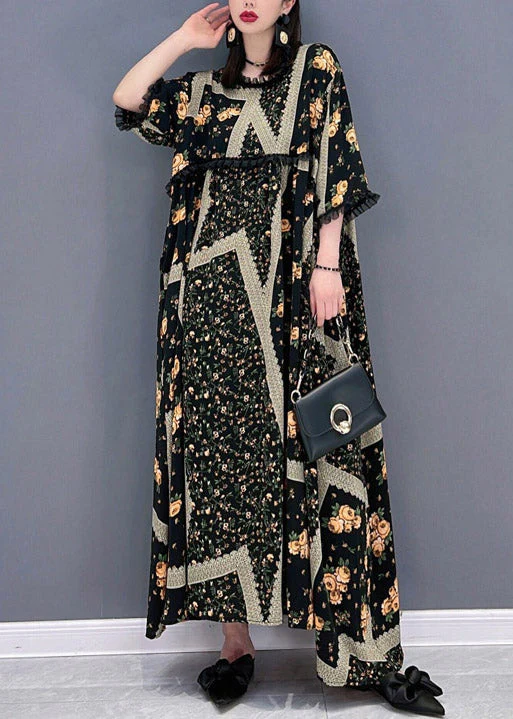French O-Neck Print Ruffled Patchwork Beach Long Dresses Half Sleeve - Image 3