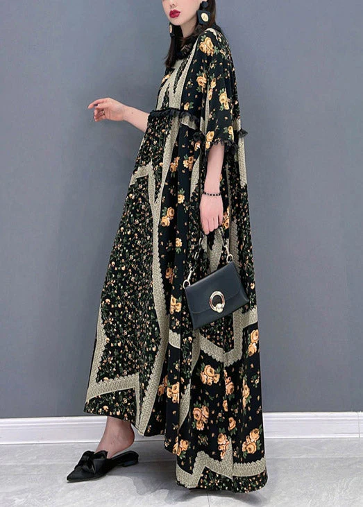 French O-Neck Print Ruffled Patchwork Beach Long Dresses Half Sleeve - Image 4