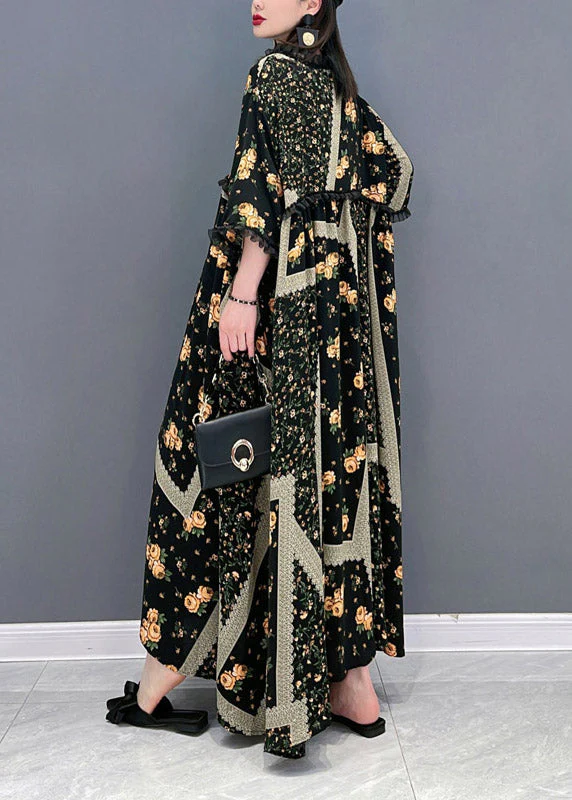 French O-Neck Print Ruffled Patchwork Beach Long Dresses Half Sleeve - Image 5