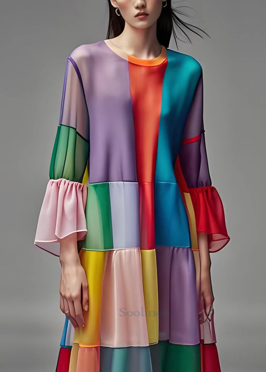 French O Neck Wrinkled Patchwork Chiffon Dresses Summer - Image 2