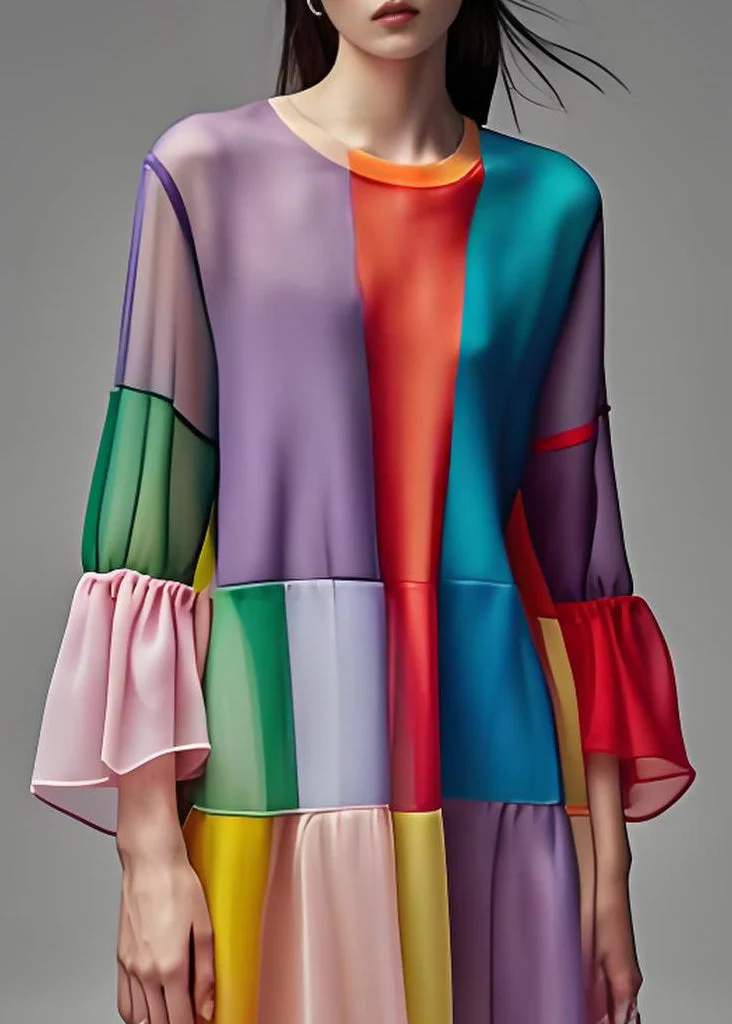 French O Neck Wrinkled Patchwork Chiffon Dresses Summer - Image 3