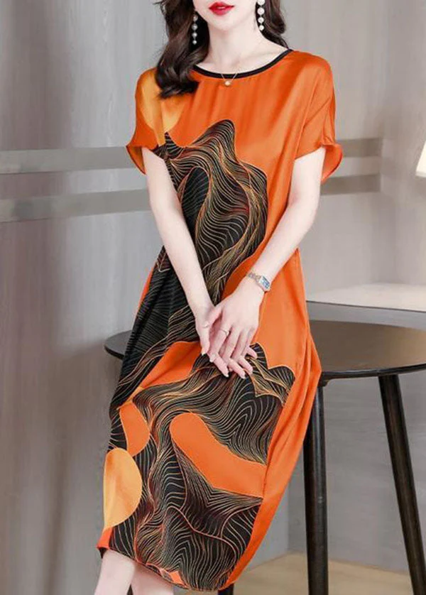 French Orange O Neck Print Patchwork Silk Dress Short Sleeve - Image 2