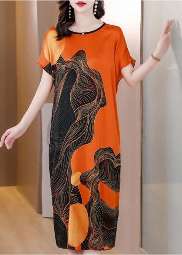 French Orange O Neck Print Patchwork Silk Dress Short Sleeve - Image 3