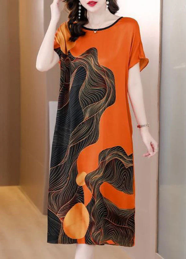 French Orange O Neck Print Patchwork Silk Dress Short Sleeve - Image 4