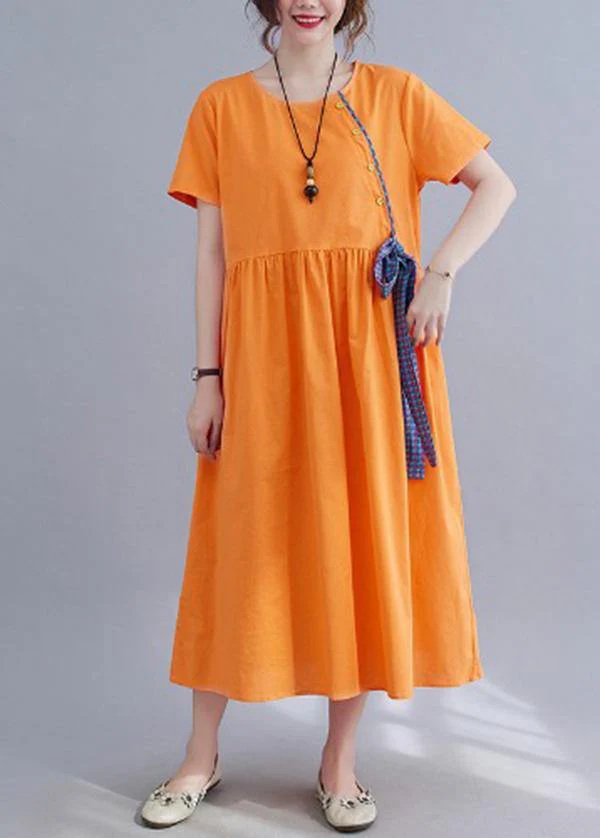 French Orange Patchwork Button Party Summer Cotton Linen Dress - Image 2