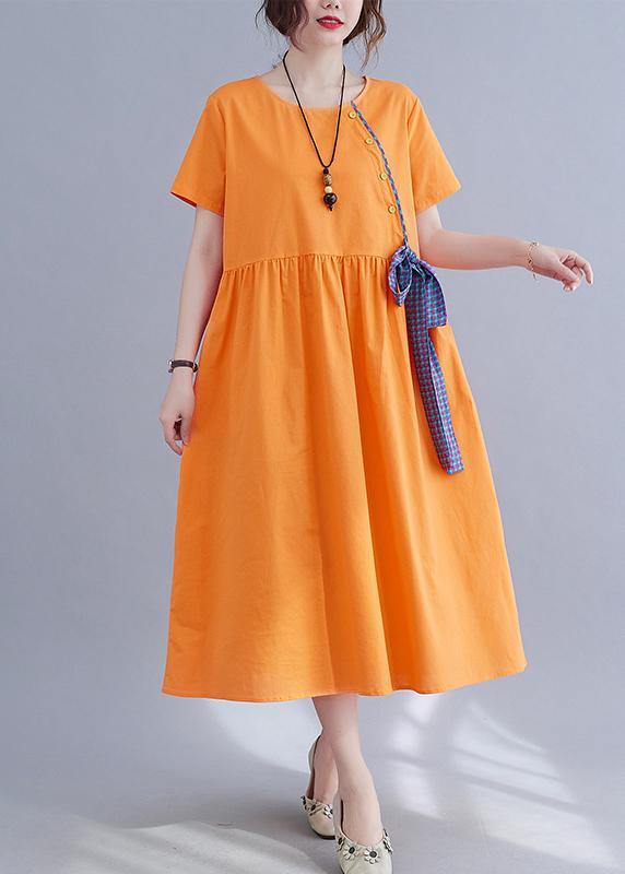 French Orange Patchwork Button Party Summer Cotton Linen Dress - Image 3