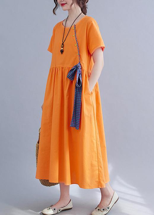 French Orange Patchwork Button Party Summer Cotton Linen Dress - Image 4