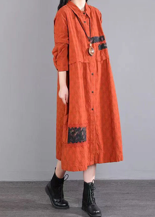 French Orange Peter Pan Collar Patchwork Cotton Shirts Dress Fall - Image 2