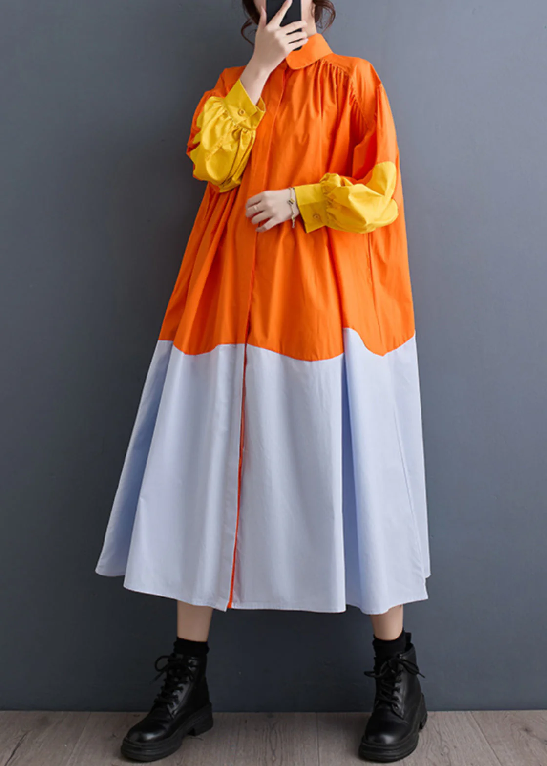 French Orange Peter Pan Collar Patchwork Wrinkled Maxi Shirts Dresses Spring - Image 2