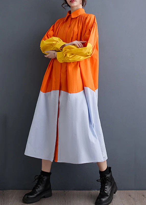 French Orange Peter Pan Collar Patchwork Wrinkled Maxi Shirts Dresses Spring - Image 3