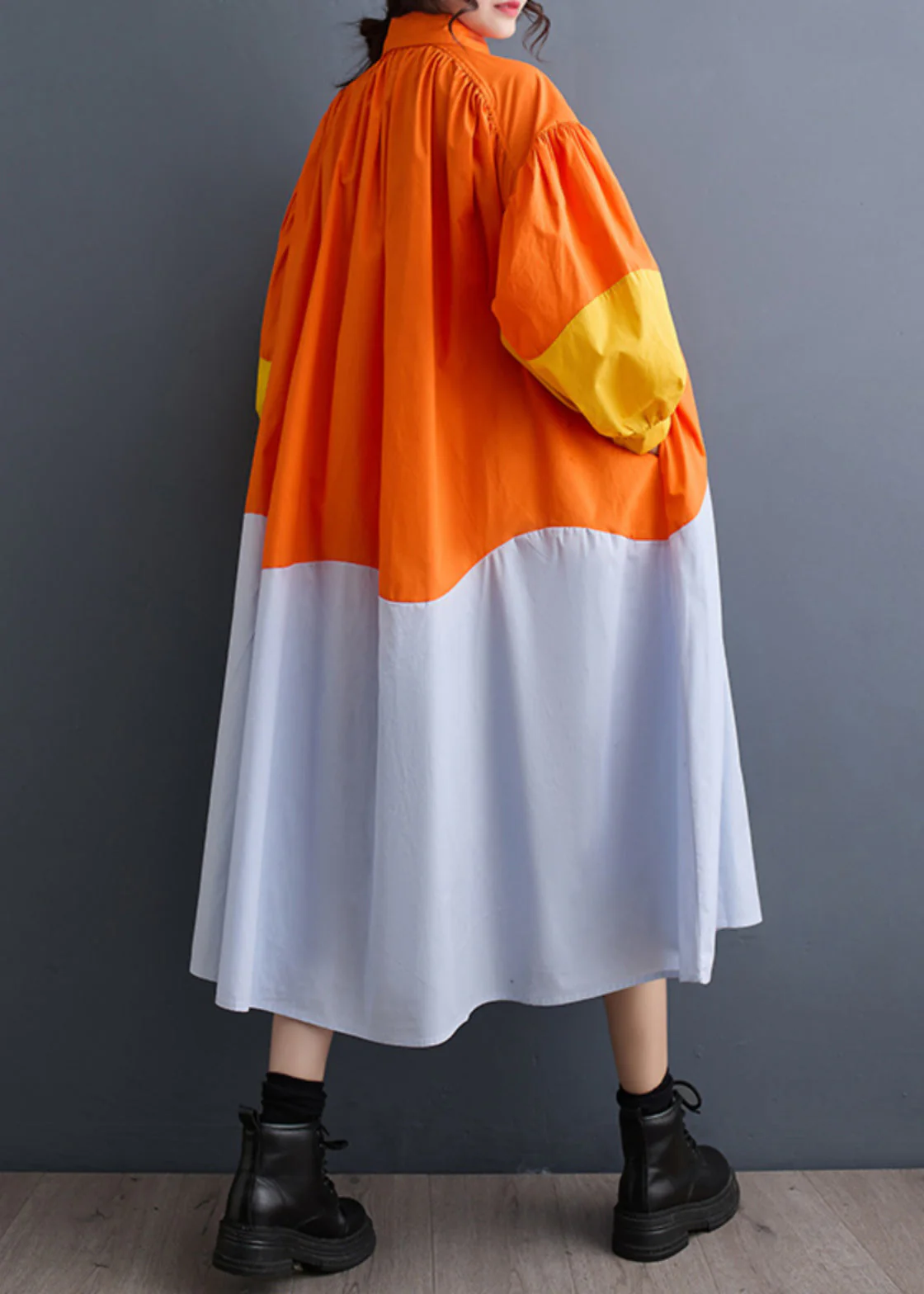French Orange Peter Pan Collar Patchwork Wrinkled Maxi Shirts Dresses Spring - Image 4