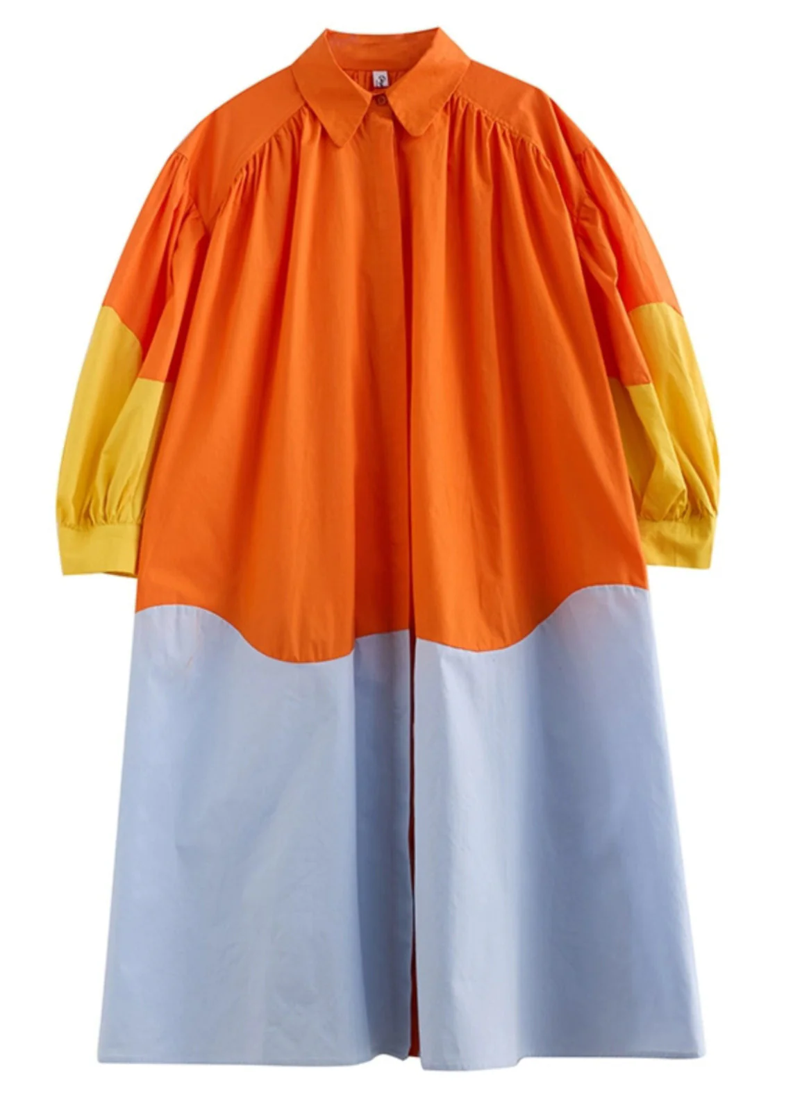 French Orange Peter Pan Collar Patchwork Wrinkled Maxi Shirts Dresses Spring - Image 5